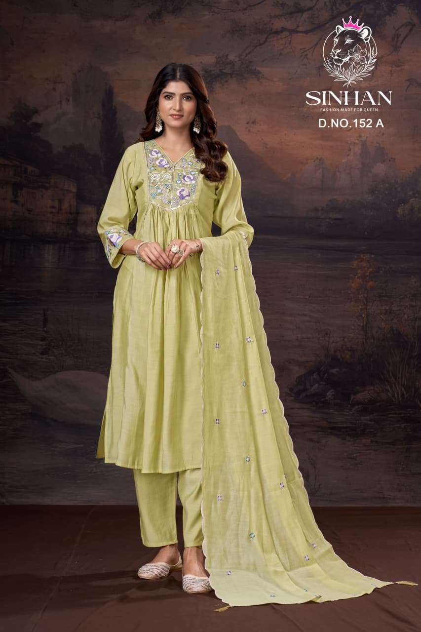 SINHAN 152 ABC BOUTIQUE CHANDERI WITH COTTON INNER KURTI PANT SUIT CATALOGUE SURAT 
